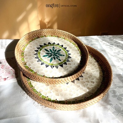 Khay mây khảm trai ONGTRE cao cấp đựng trà, bánh, mỹ phẩm, khay decor phòng khách, khách sạn, homestay OTK12