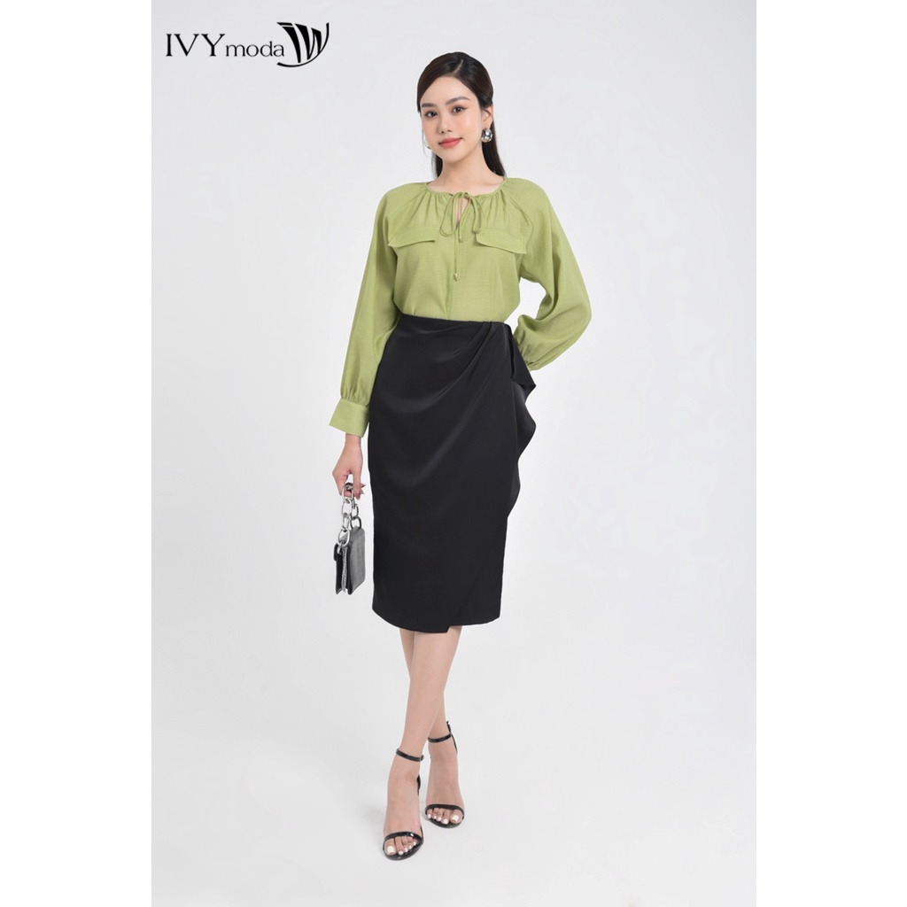 Áo voan kẻ phối dây buộc nơ nữ IVY moda MS 17M8035