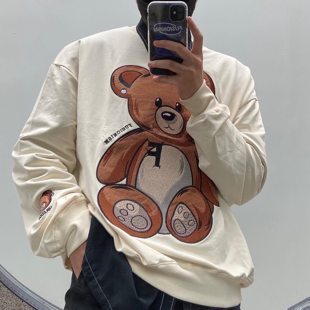 Áo sweater cổ tròn tay bồng gấu F  Áo thu đông nam nữ form thụng ulzzang xuongmaythuhien