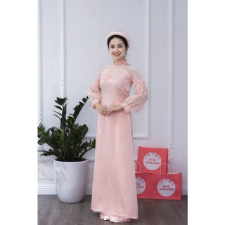 Áo dài voan hồng cam tay bồng chun cách điệu by Quỳnh Hương