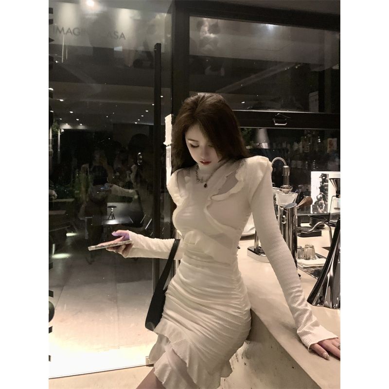 Jiashucheng Đầm Nữ Dài Tay Phối Lưới Dáng Ôm Xếp Ly Phong Cách Tòa Án Pháp