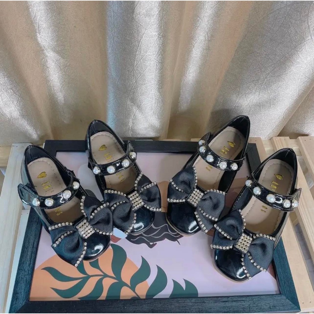 Giày bệt búp bê da mềm quai đính ngọc nơ viền đá cho bé gái