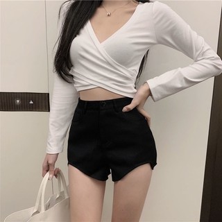 Áo cổ tim tà chéo croptop tay dài
