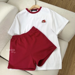 Biboo - set áo thun tay ngắn thêu hình lazy bear và quần short thun năng động