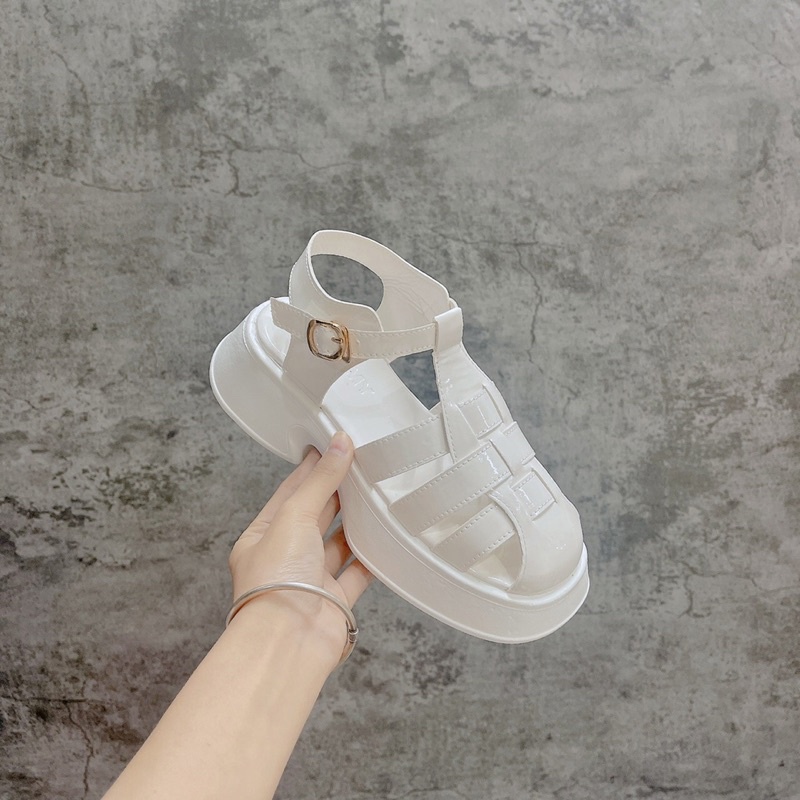 Giày Sandal Chiến Binh nữ da bóng đế cao 5cm kiểu quai rọ đan 3 nan mới, giày rọ nâng đế mua thu dành cho nữ