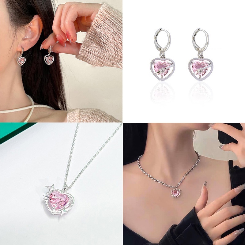 Bông Tai Trái Tim/Vòng cổ Màu Hồng Phong Cách Hàn Quốc Cho Nữ