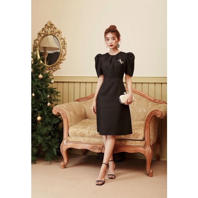 Đầm thiết kế CHARMO cổ nhún vải cotton bố không nhăn Ruffle Neck Dress