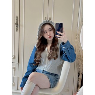 Áo khoác len nữ tay dài phối jean có nón hàng nhập