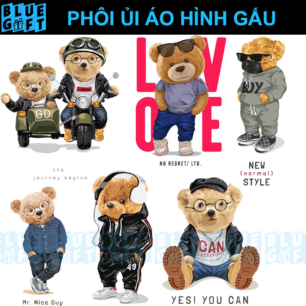 (Hình Ủi Nhiệt Quần Áo - Miếng Dán Ủi Quần Áo) Có In Theo Yêu Cầu, Hình Ủi Gấu G2 - Blue Gift