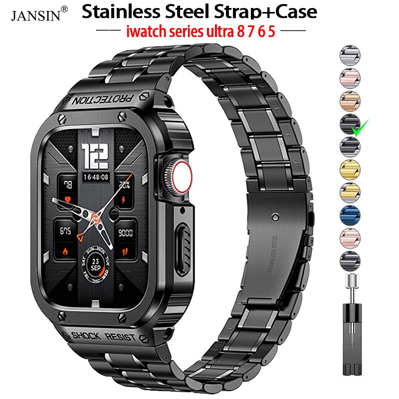 Jansin Stainless Steel Strap+Modification Kit Case For Apple Watch Ultra 8 49mm 45mm 44mm iwatch series 7 6 SE 5 4 smart watch