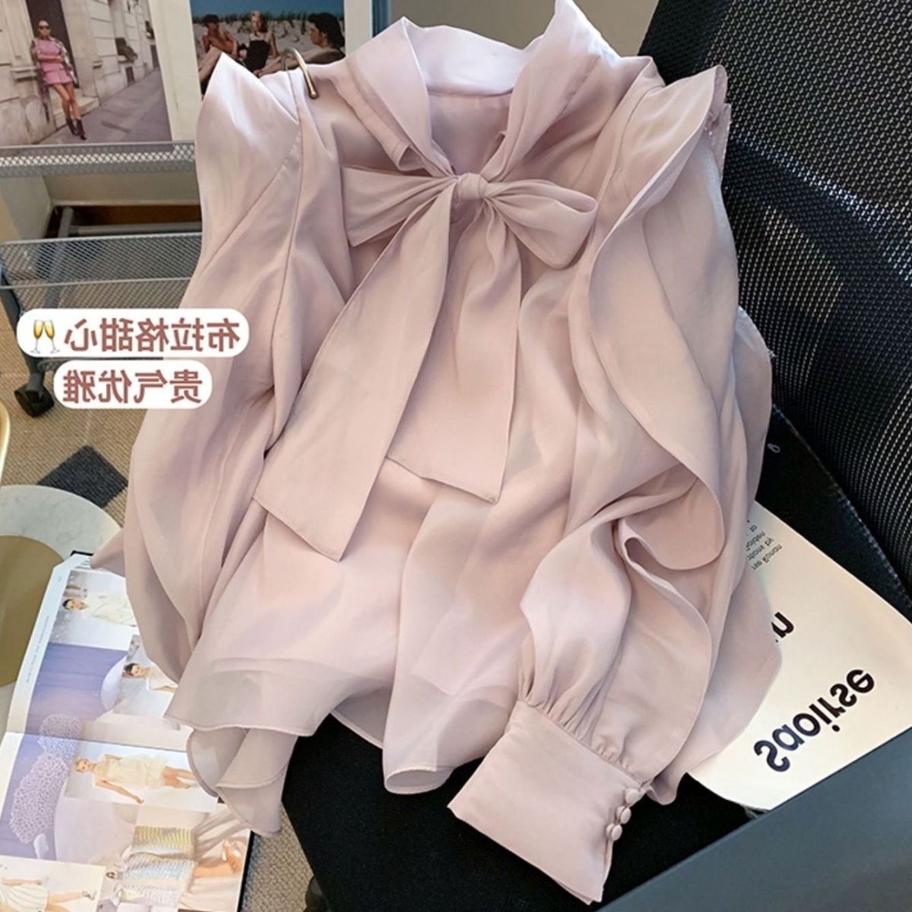 Áo Sơ Mi Chiffon Tay Ngắn Dáng Rộng Phối Bèo Cột Nơ Thời Trang Mùa Thu Cho Nữ Sm