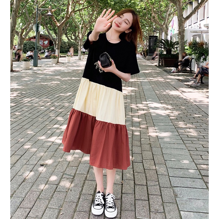 Áo Thun Dáng Rộng Màu Sắc Tương Phản Phong Cách Hàn Quốc Thời Trang Cho Nữ Size M-3xl