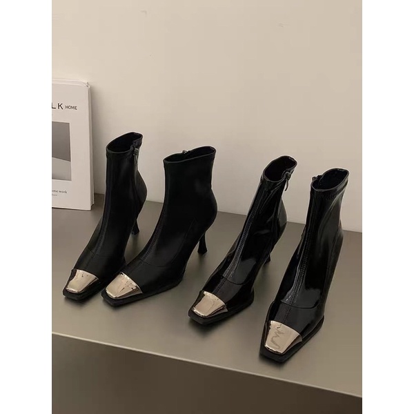 Boots da mũi phối kim loại gót cao 9cm