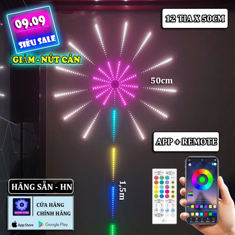 Bộ Đèn LED RGB Pháo Hoa Dán Tường Trang Trí Trong Nhà, Cảm Ứng Âm Thanh Tự Động. Điều Chỉnh Qua APP Điện Thoại + REMOTE