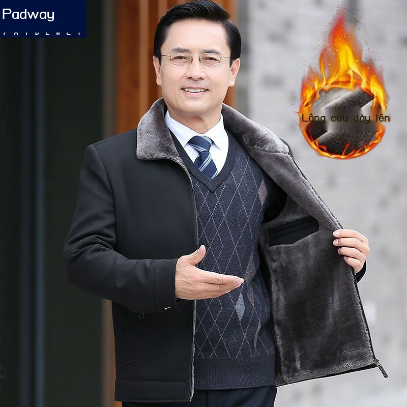 Áo khoác lông cừu và bông dày cho người trung niên và người già, quần áo nam cho ông bố 40 và 50 tuổi trong mùa thu đông