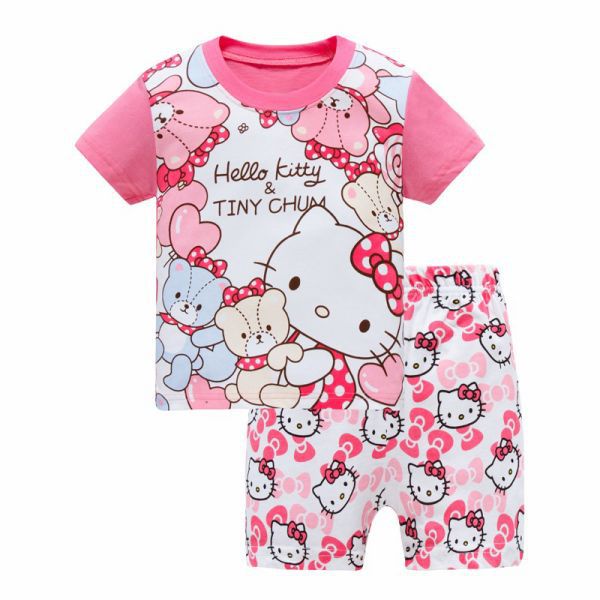 Bộ Đồ Ngủ Tay Ngắn In Hình Hello Kitty Dễ Thương Dành Cho Bé Gái