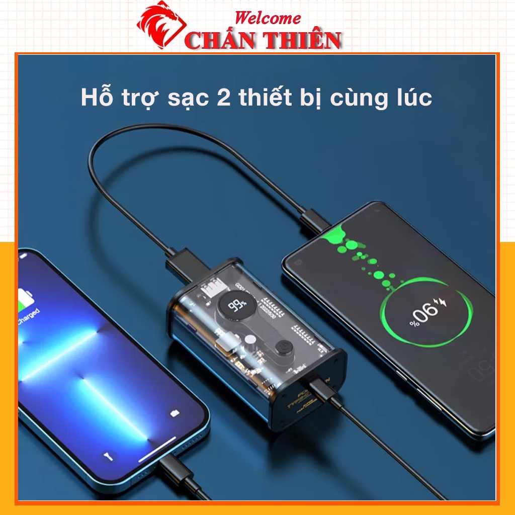 Sạc dự phòng trong suốt 10000 mah có hỗ trợ sạc nhanh tương thích Android Ios PD QC bảo hành 12 tháng