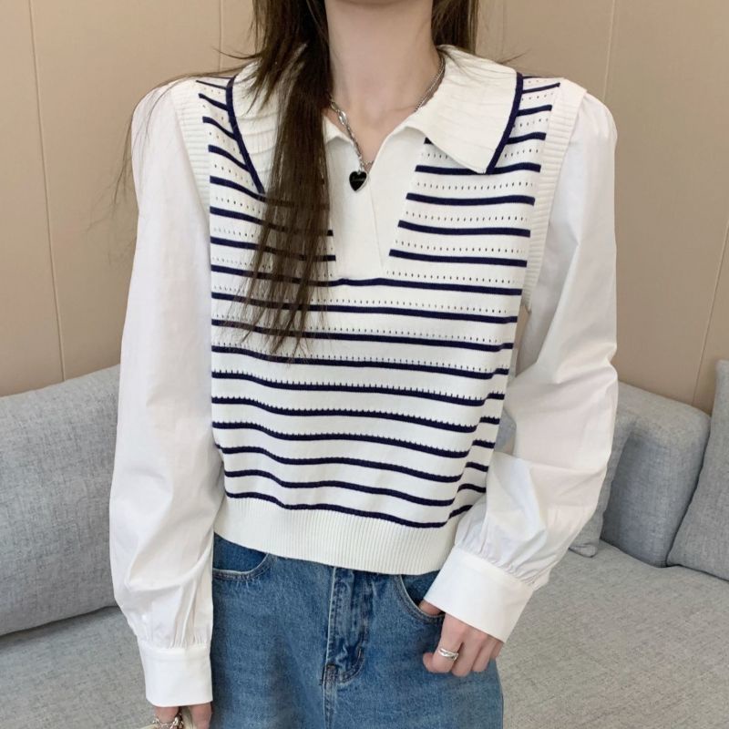 IELGY IELGY Áo Sơ Mi Tay Dài Cổ polo Mỏng Ghép Vải Họa Tiết Kẻ Sọc Cho Nữ
