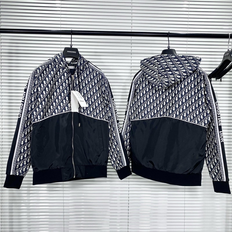 Áo khoác hoodie zip nam nữ CD dệt vân chữ thổ cẩm monogram phối nửa áo vải gió đen thêu vạch viền tay