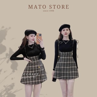 Set yếm kẻ kèm áo len mongtogi cao cấp, set váy dạ 2 dây kèm áo len phong cách hàn quốc