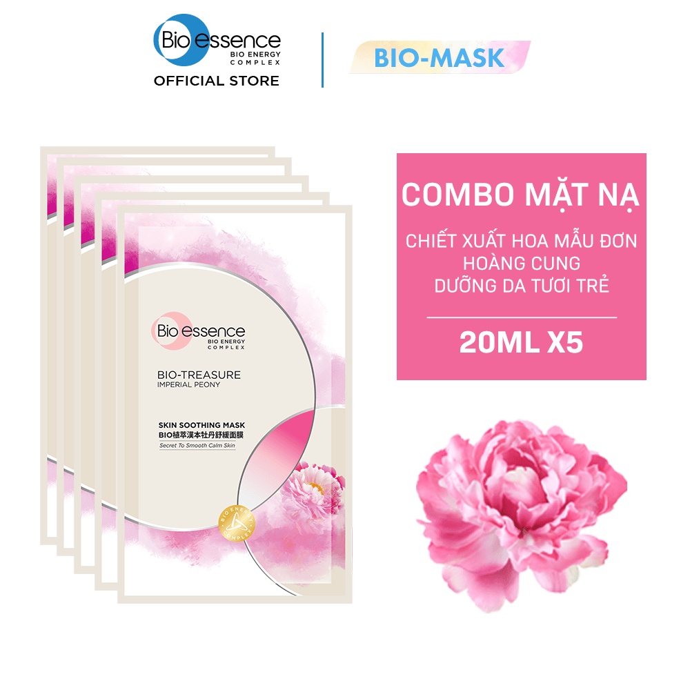 Combo 5 Mặt nạ dưỡng da tươi trẻ chiết xuất hoa mẫu đơn hoàng cung Bio-essence (5 miếng x 20ml)