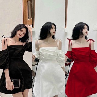 Đầm 2 dây rớt vai tay phồng xếp ly