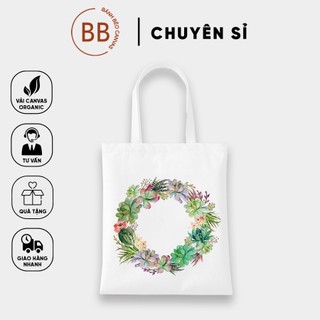 Túi Tote Vải Canvas đeo vai in hình HOA LÁ Hàn Quốc Có Khóa Miệng Túi
