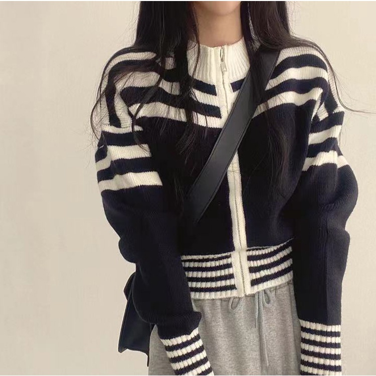 Áo cardigan dệt kim SUXI tay dài cổ đứng có khóa kéo phong cách Hàn Quốc thời trang mùa thu cho nữ