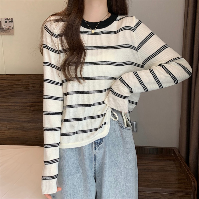 ZHELIHANGFEI Áo Sweater Tay Dài Kẻ Sọc Phối Dây Rút Cá Tính Thời Trang