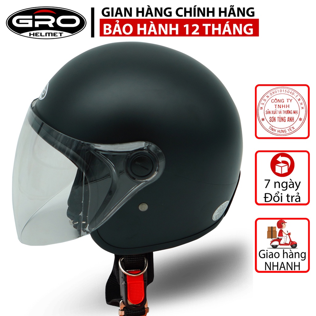 Mũ Bảo Hiểm 3/4 đầu GRO Helmet T818 có kính dài che cả mặt, kiểu dáng thời trang cho nữ, khóa kim loại - Đen Nhám