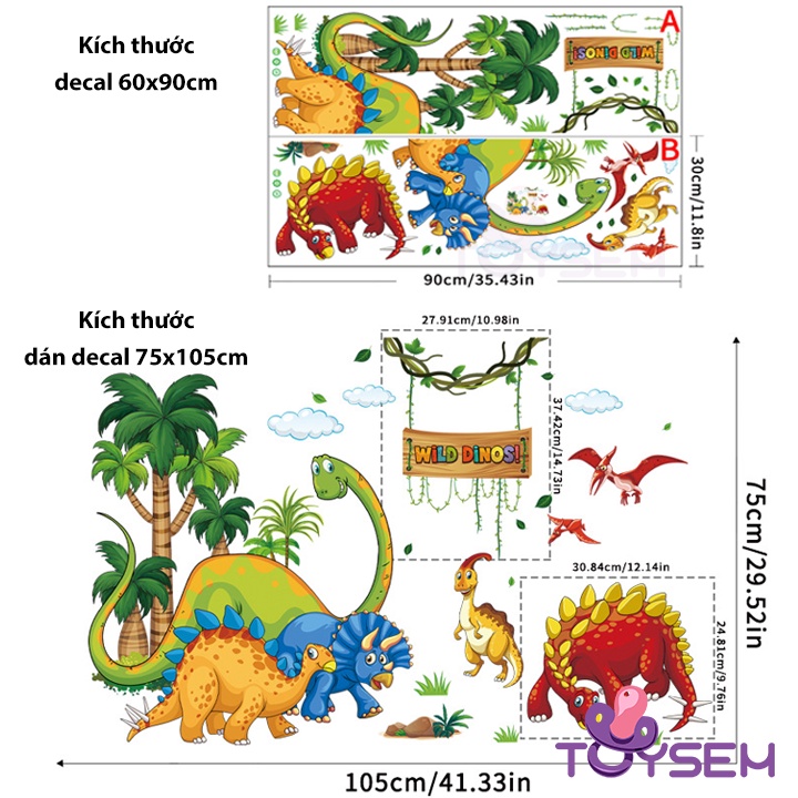 Decal trang trí dán tường mẫu khủng long 60x90cm CH39032AB - Quà tặng sinh nhật cho bé