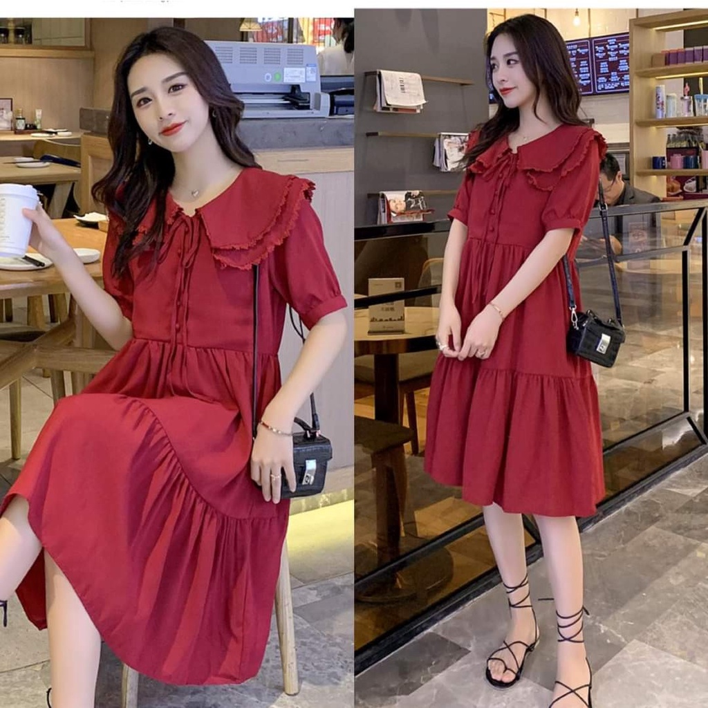 đầm bầu thời trang công sở dáng đuôi cá dài và cổ bèo nơ