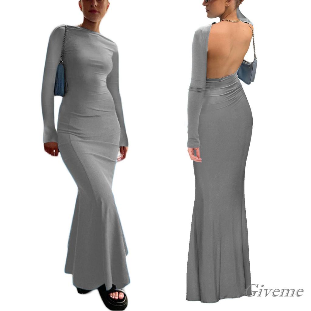 Đầm Đuôi Cá Dài Tay Hở Lưng Màu Trơn Thời Trang Nữ Tính