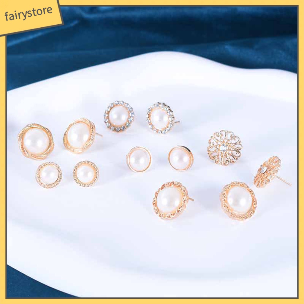 [FAIS] 6 Đôi Bông Tai Xỏ Lỗ Tròn Mạ Điện Đính Kim Cương Giả Trang Trí Hoa Ngọc Trai Giả Thích Hợp Làm Quà Tặng Trang Sức Cho