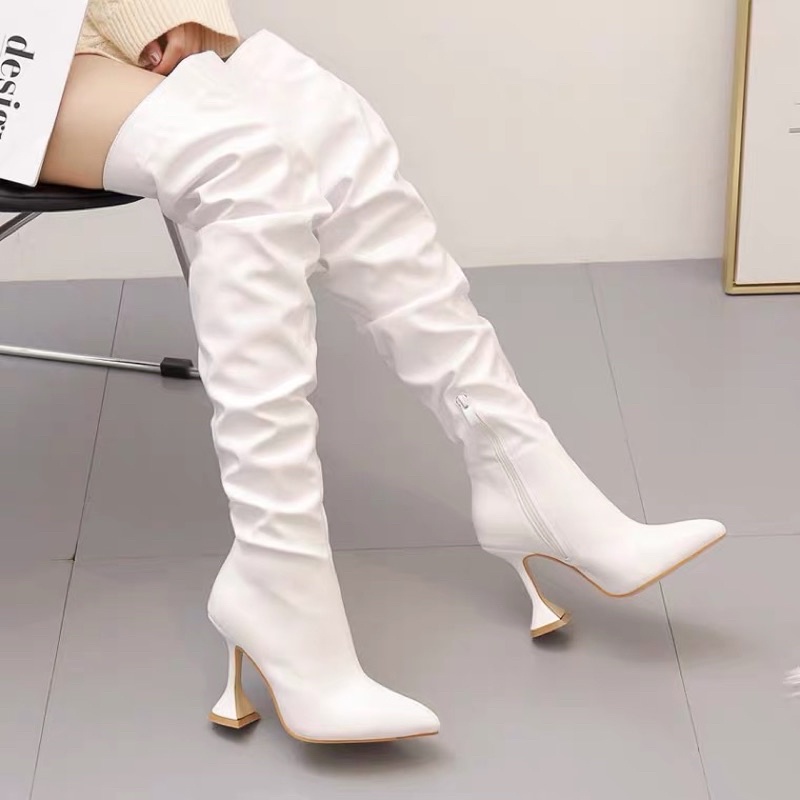 Boots đùi cao gót mũi nhọn da nhăn trendy 10 cm, hàng cao cấp