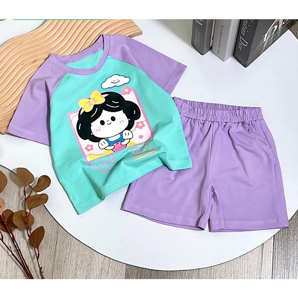 Bộ đồ bé gái dễ thương in HINH BÉ BẠCH TUYẾT phối raplang từ 7kg đến 25kg