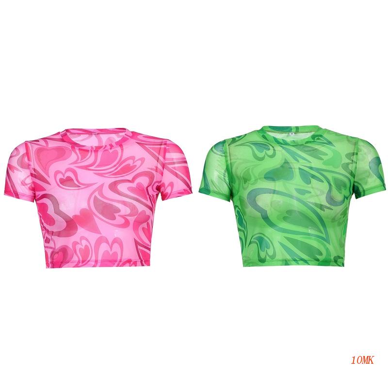 Áo Croptop Lưới Tay Ngắn Cổ Tròn Xuyên Thấu 10MK Họa Tiết Trái Tim Gợi Cảm Đi Biển Cho Nữ