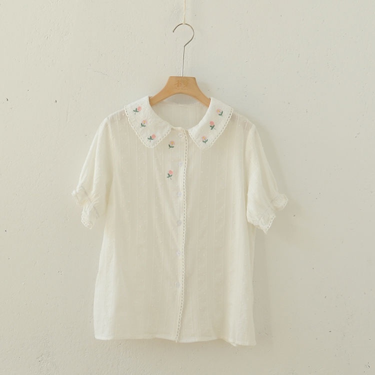 Áo sơ mi trắng cổ bèo thêu hoa chất cotton áo tay lỡ mềm mại thấm mồ hôi hạt ren dọc thân áo