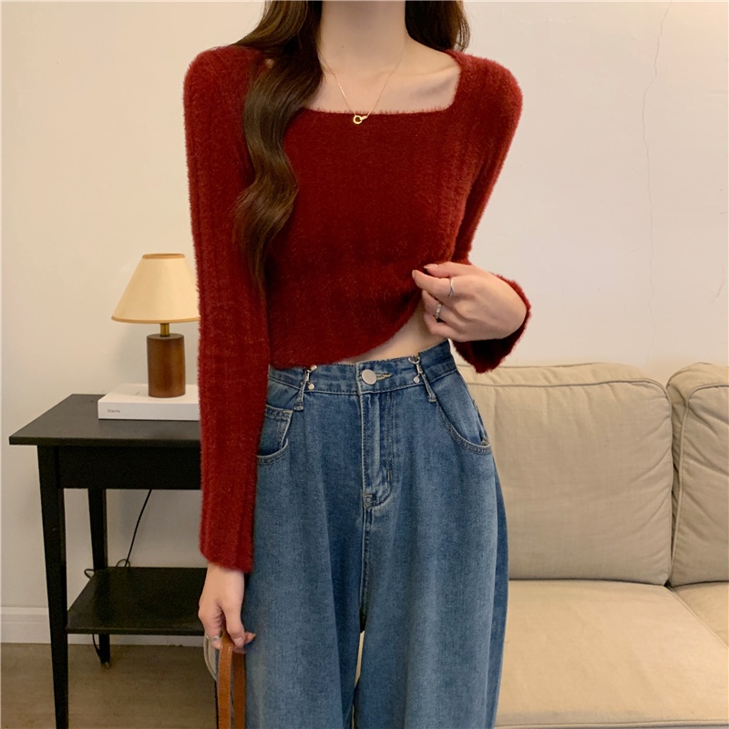 Áo sweater Dệt Kim Tay Dài Cổ Vuông Phong Cách Hàn Quốc Thời Trang Thu Đông Xinh Xắn Cho Nữ