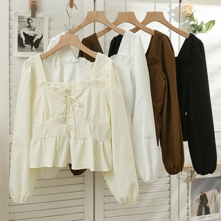 Áo kiểu công sở nữ kiểu dáng rút dây, bo chun cổ vuông ulzzang tay dài