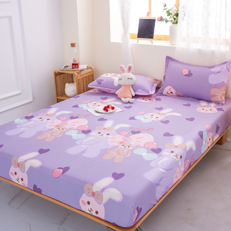 Bộ ga gối cotton poly Thỏ Tím m2/m4m6/m8/2m2 drap giường poly, ga trải giường kèm 2 vỏ gối nằm đơn giản HDB bedding