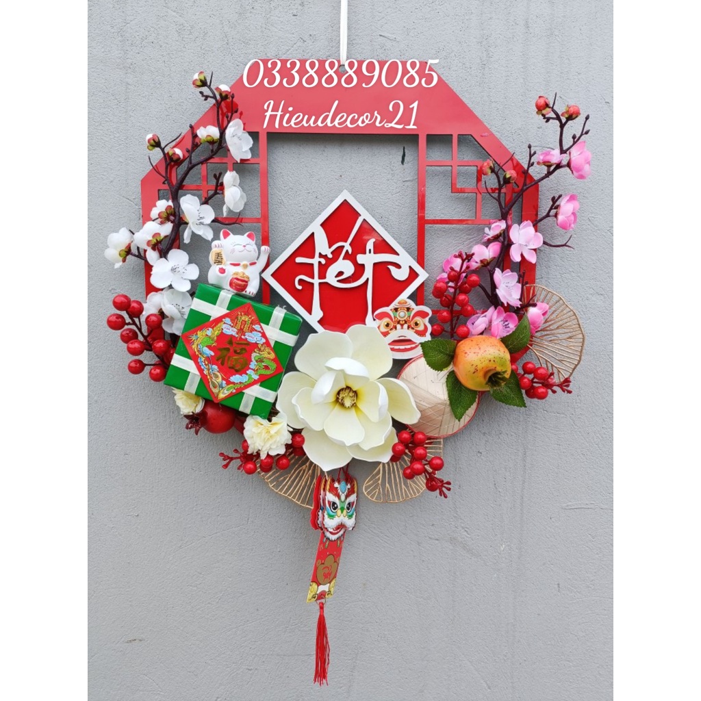 Khung treo 40 cm trang trí Tết bánh chưng, hoa đào, hoa mộc lan, cherry, rẻ quạt,