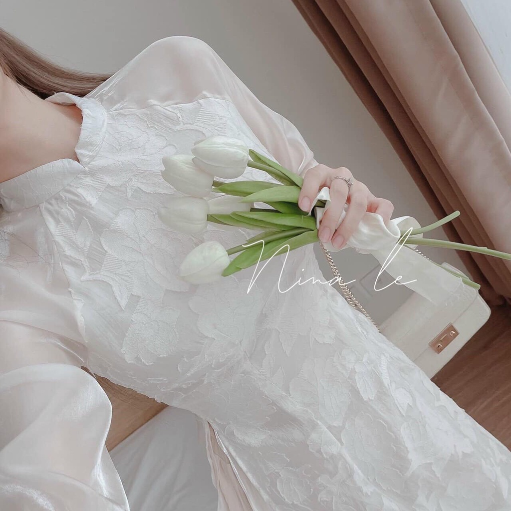 SET Áo Dài hoa nổi tay lỡ kèm Chân Váy midi nude dập ly diện Tết NÀNG CLOSET