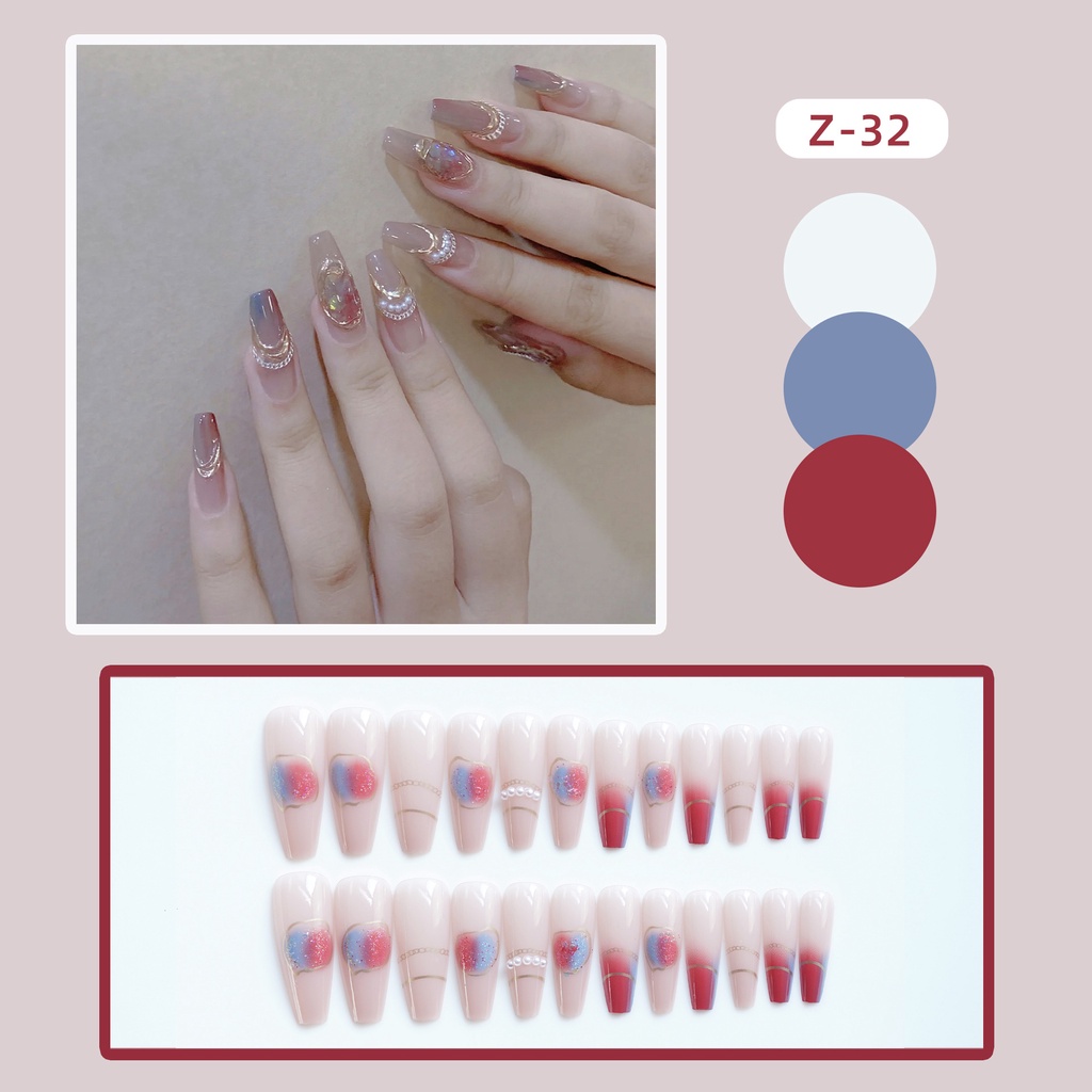 Z-32 Móng Tay Giả Dáng Dài Đính Ngọc Trai Chữ T Có Thể Mặc Được Bán Sỉ Màu Hồng