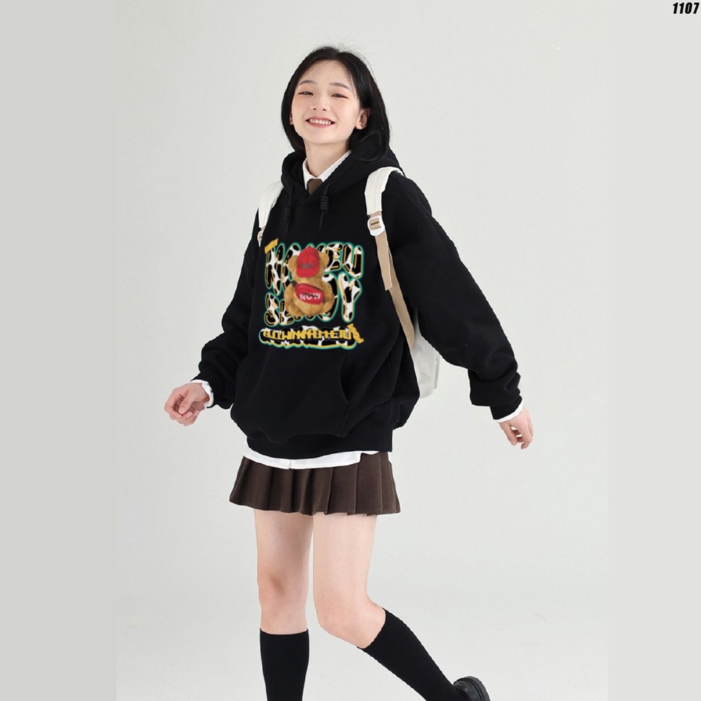 Áo Hoodie Unisex Nỉ Bông Oversize HY KOREA In Hình Gấu