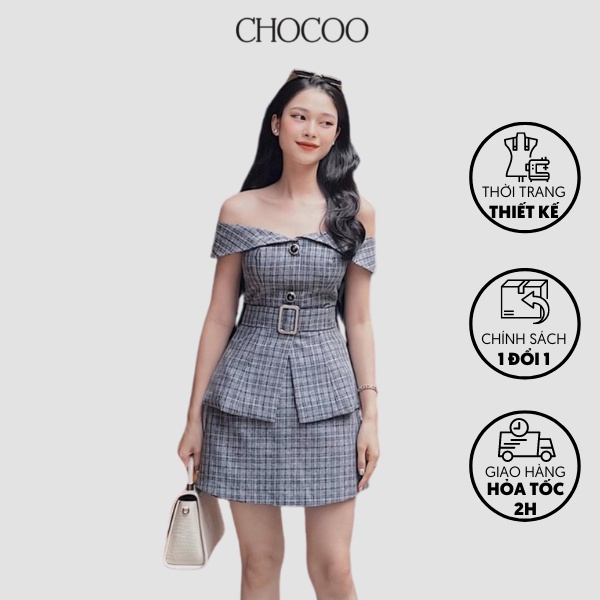 Set đồ nữ CHOCOO Josie Top x Junita thiết kế áo trễ vai và quần giả váy họa tiết caro
