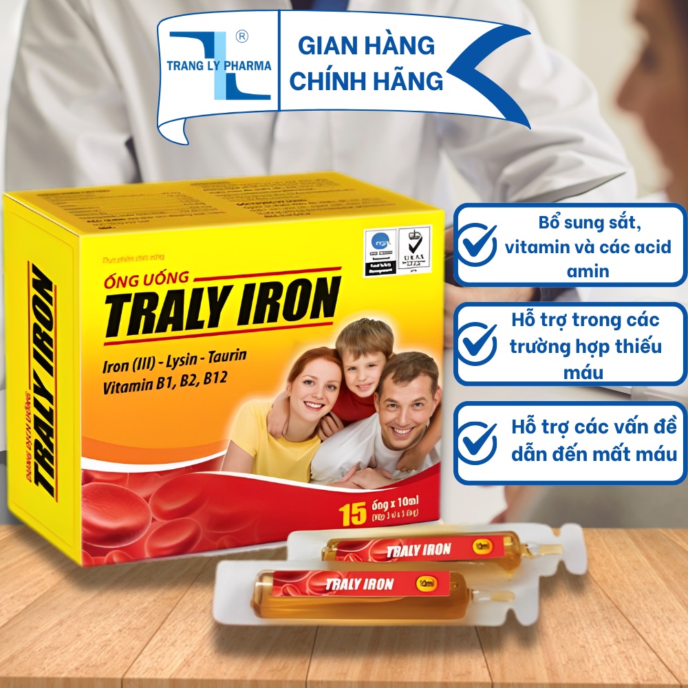 Ống uống Traly Iron bổ sung sắt, vitamin và các acid amin hỗ trợ các trường hợp thiếu máu hộp 15 ống Trang Ly Pharma