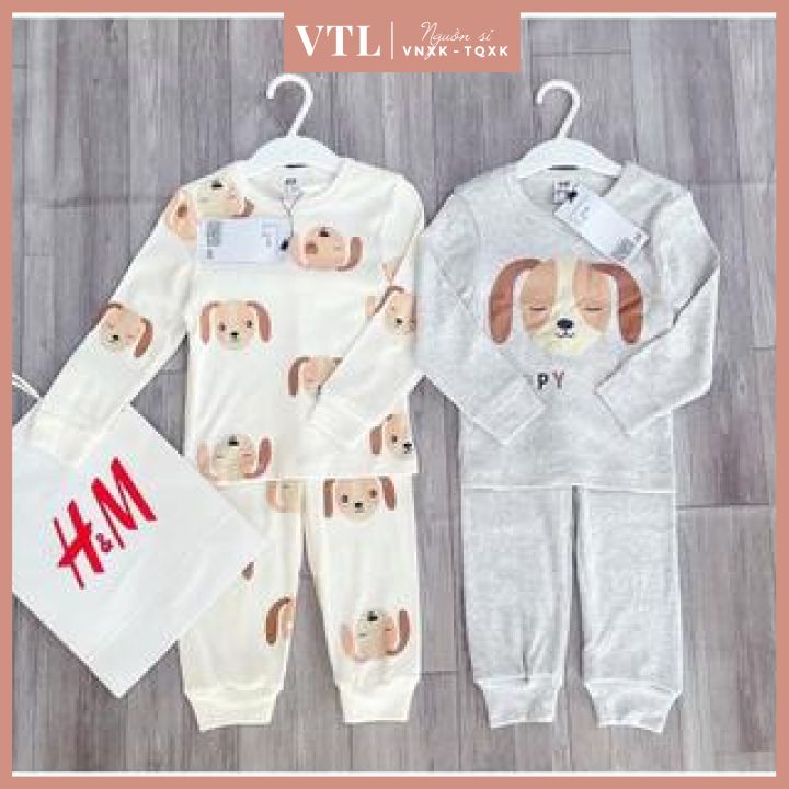 Combo 2 bộ cotton zip cún con màu xám be cho bé trai bé gái thu đông mặc nhà dài tay trẻ em hình in xịn đẹp
