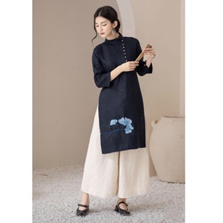  Áo dài cách tân nữ SLINEN chất vải Linen bột Premium thêu hoa form áo dài suông lửng trẻ trung. 