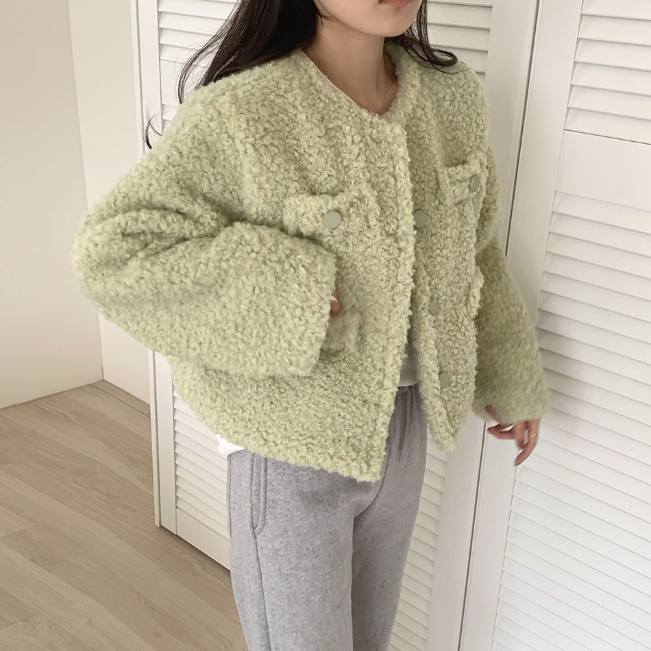 [Hàng Có Sẵn] Áo Khoác cardigan Lông Cừu Dáng Ngắn Màu Xanh Lá Nhạt Thời Trang Hàn Quốc